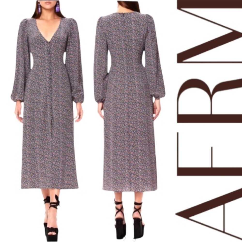 AFRM Violet Blouson Sleeves Plunge Neck Button Detail Ditsy Floral Midi Dress SM